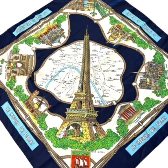 Paris Scarf Blue Gold Polyester 31 x 31 Large Souvenir de Paris Landmarks Travel - Picture 1 of 13